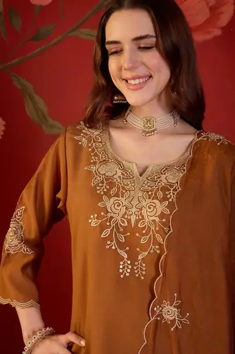 Brown silk blend embroidered kurta set with dupatta.