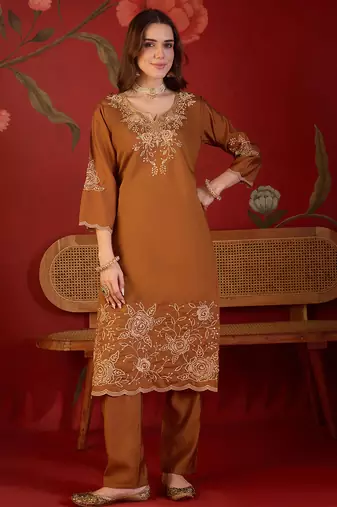 Brown silk blend embroidered kurta set with dupatta.
