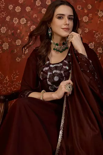 Maroon silk blend embroidered kurta set with dupatta.