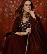 Maroon silk blend embroidered kurta set with dupatta.