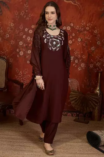 Maroon silk blend embroidered kurta set with dupatta.