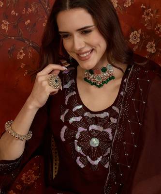 Maroon silk blend embroidered kurta set with dupatta. 3