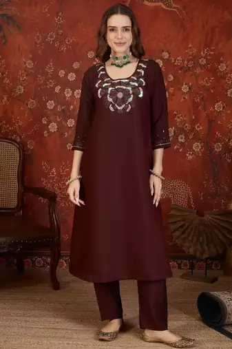 Maroon silk blend embroidered kurta set with dupatta.