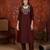 Maroon silk blend embroidered kurta set with dupatta.