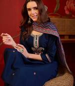Teal silk blend embroidered kurta set with dupatta.