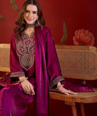 Rani tissue satin embroidered kurta sharara set with dupatta. 1