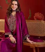 Rani tissue satin embroidered kurta sharara set with dupatta.