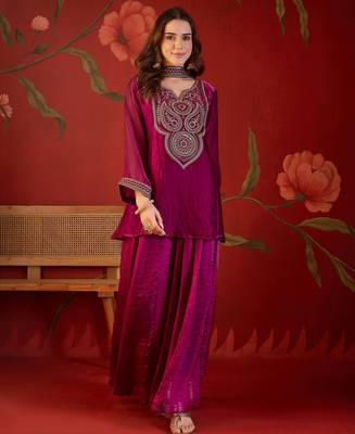 Rani tissue satin embroidered kurta sharara set with dupatta. 2
