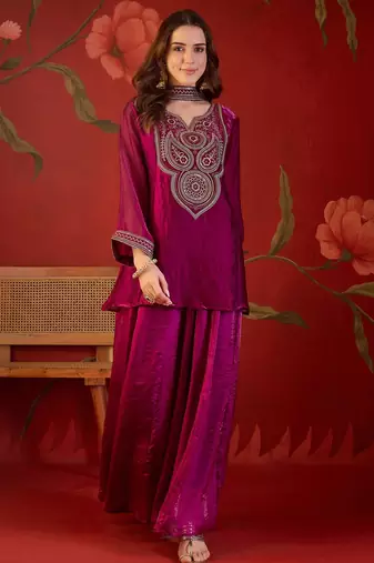Rani tissue satin embroidered kurta sharara set with dupatta.
