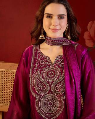 Rani tissue satin embroidered kurta sharara set with dupatta. 3