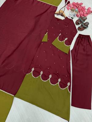 Women maroon & olive green embroidered straight kurta with pant and dupatta set 4