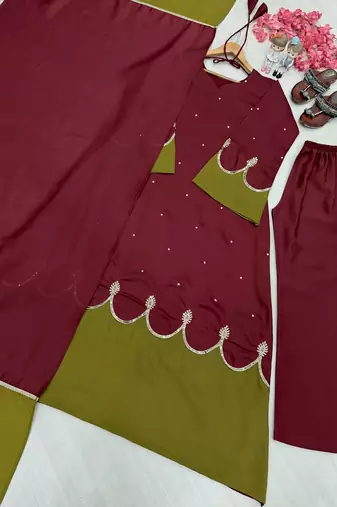Women maroon & olive green embroidered straight kurta with pant and dupatta set