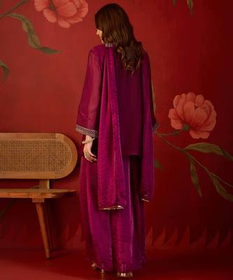 Rani tissue satin embroidered kurta sharara set with dupatta. 4