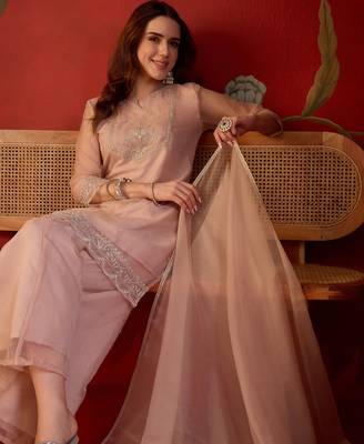 Peach organza embroidered kurta plazzo set with dupatta. 1