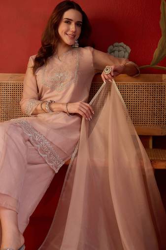 Peach organza embroidered kurta plazzo set with dupatta.