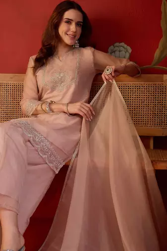 Peach organza embroidered kurta plazzo set with dupatta.