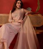 Peach organza embroidered kurta plazzo set with dupatta.