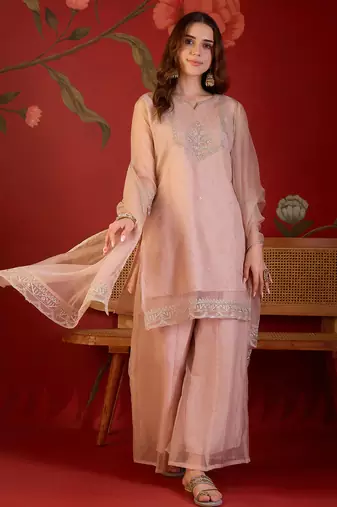 Peach organza embroidered kurta plazzo set with dupatta.