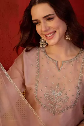 Peach organza embroidered kurta plazzo set with dupatta.
