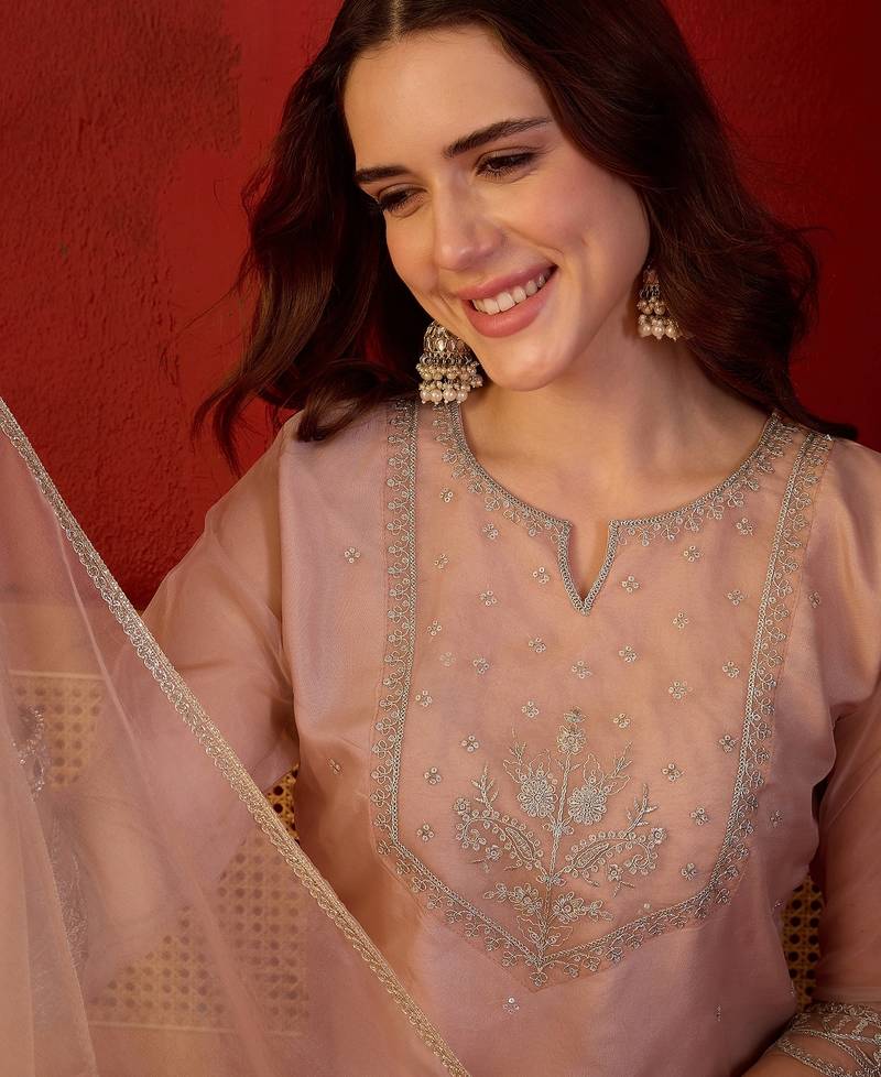 Peach organza embroidered kurta plazzo set with dupatta.