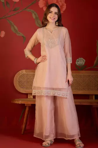 Peach organza embroidered kurta plazzo set with dupatta.