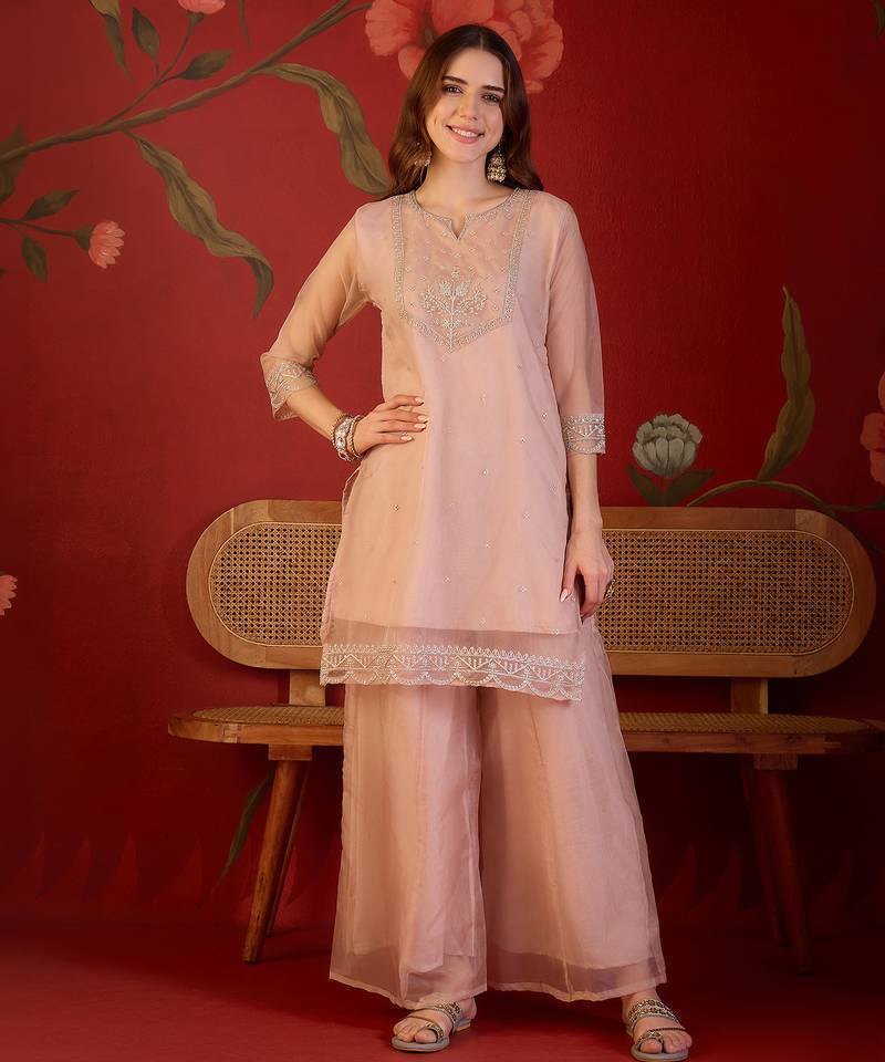 Peach organza embroidered kurta plazzo set with dupatta.