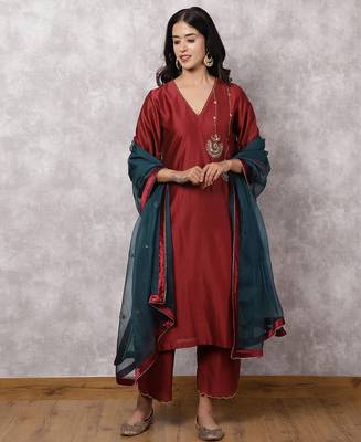 Maroon chandbali silk blend chanderi suit set with dupatta, stitched 1