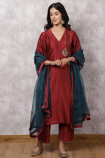 Maroon chandbali silk blend chanderi suit set with dupatta
