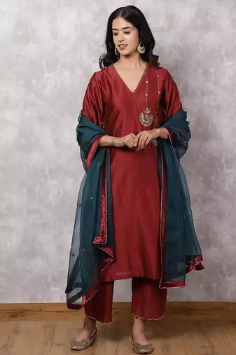 Maroon chandbali silk blend chanderi suit set with dupatta, stitched
