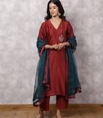 Maroon chandbali silk blend chanderi suit set with dupatta, stitched