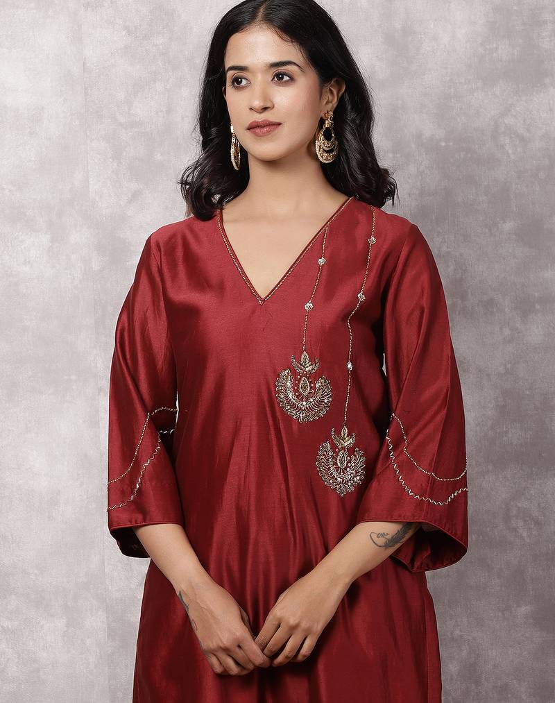 Maroon chandbali silk blend chanderi suit set with dupatta, stitched