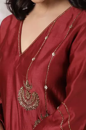 Maroon chandbali silk blend chanderi suit set with dupatta, stitched