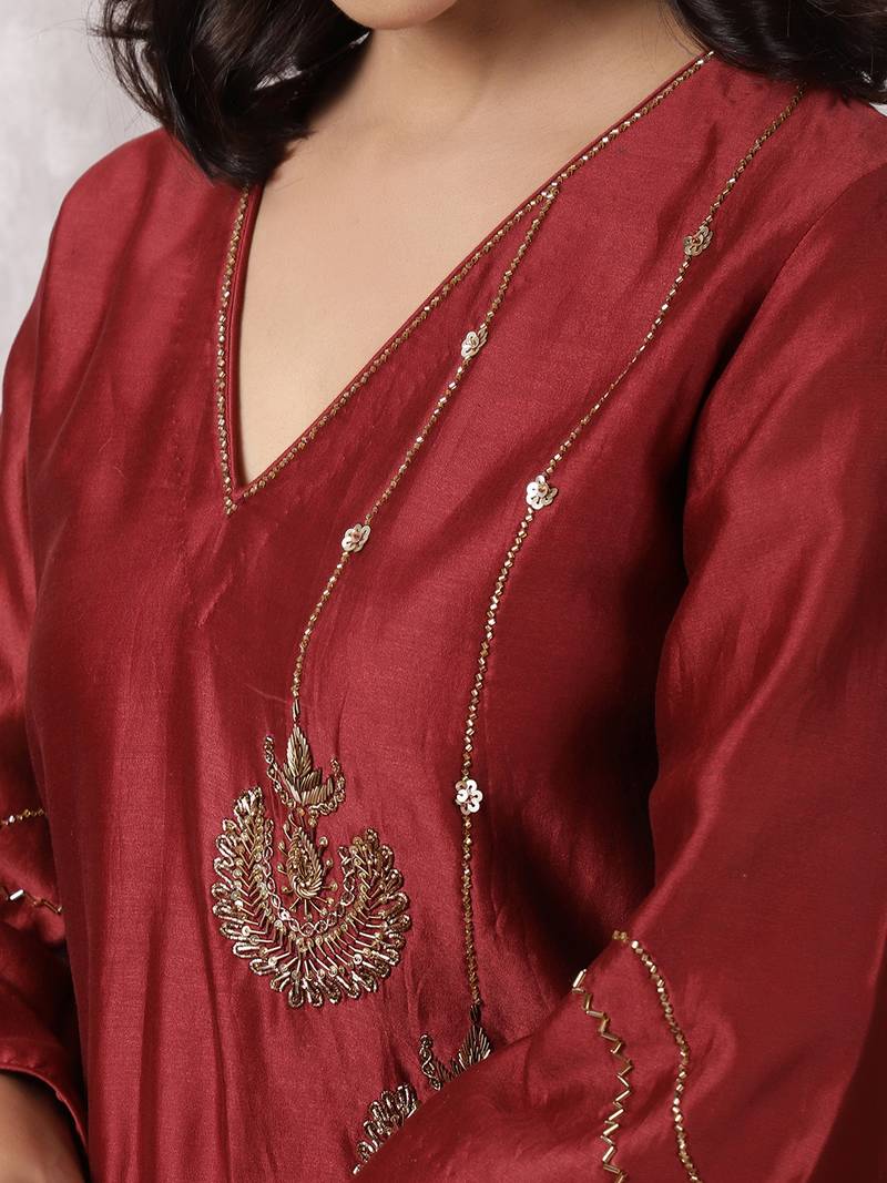 Maroon chandbali silk blend chanderi suit set with dupatta, stitched