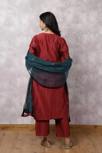 Maroon chandbali silk blend chanderi suit set with dupatta, stitched