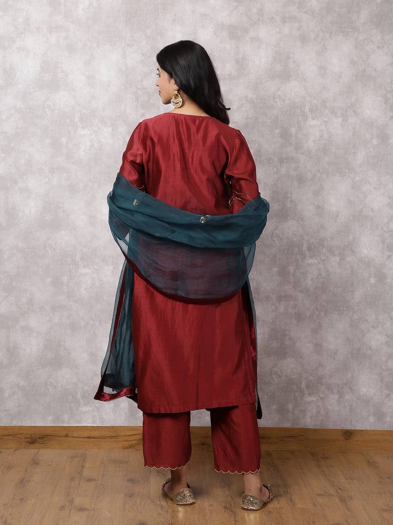 Maroon chandbali silk blend chanderi suit set with dupatta, stitched