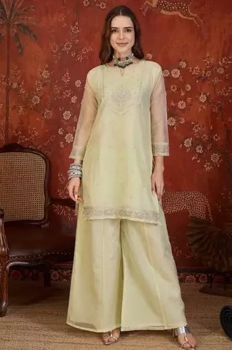 Pista organza embroidered kurta plazzo set with dupatta.