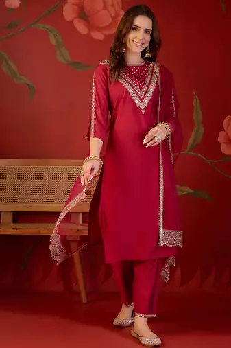 Rani silk blend embroidered kurta set with dupatta.