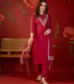 Rani silk blend embroidered kurta set with dupatta.