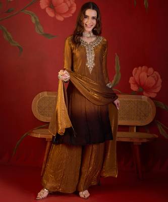 Brown tissue satin embroidered anarkali kurta sharara set with dupatta. 1