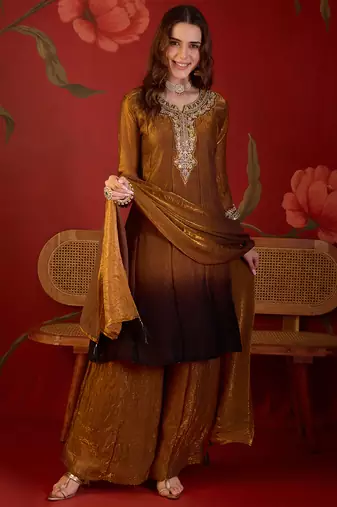 Brown tissue satin embroidered anarkali kurta sharara set with dupatta.