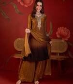 Brown tissue satin embroidered anarkali kurta sharara set with dupatta.