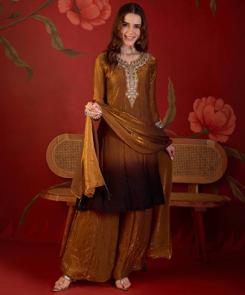 Brown tissue satin embroidered anarkali kurta sharara set with dupatta.