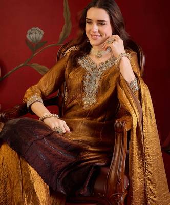 Brown tissue satin embroidered anarkali kurta sharara set with dupatta. 2