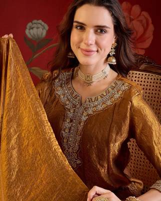 Brown tissue satin embroidered anarkali kurta sharara set with dupatta. 3