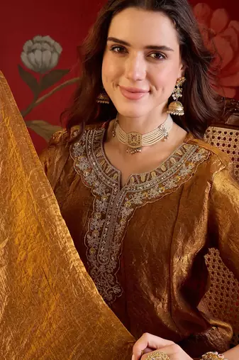 Brown tissue satin embroidered anarkali kurta sharara set with dupatta.
