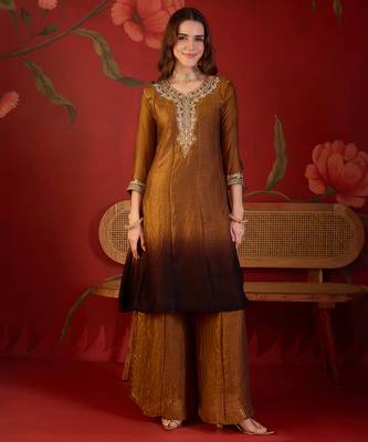 Brown tissue satin embroidered anarkali kurta sharara set with dupatta. 4
