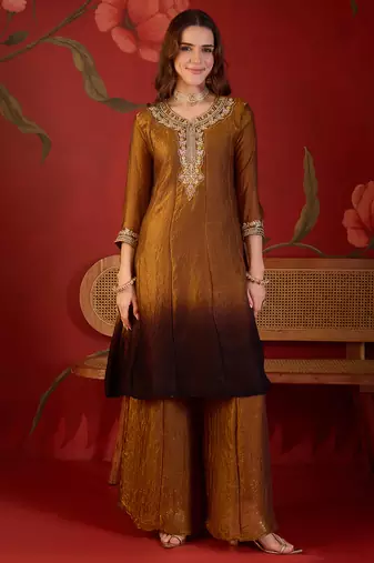 Brown tissue satin embroidered anarkali kurta sharara set with dupatta.