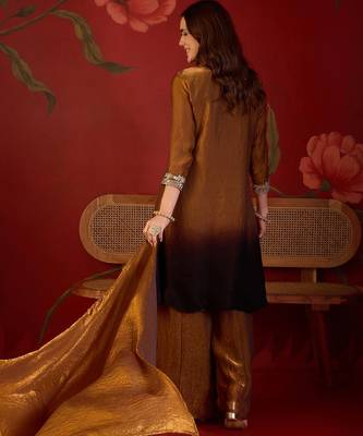 Brown tissue satin embroidered anarkali kurta sharara set with dupatta. 5