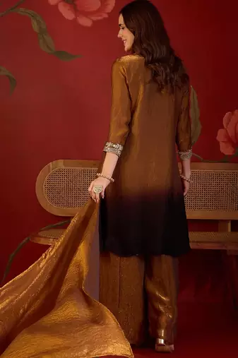 Brown tissue satin embroidered anarkali kurta sharara set with dupatta.