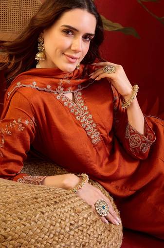Orange silk blend embroidered anarkali kurta set with dupatta.